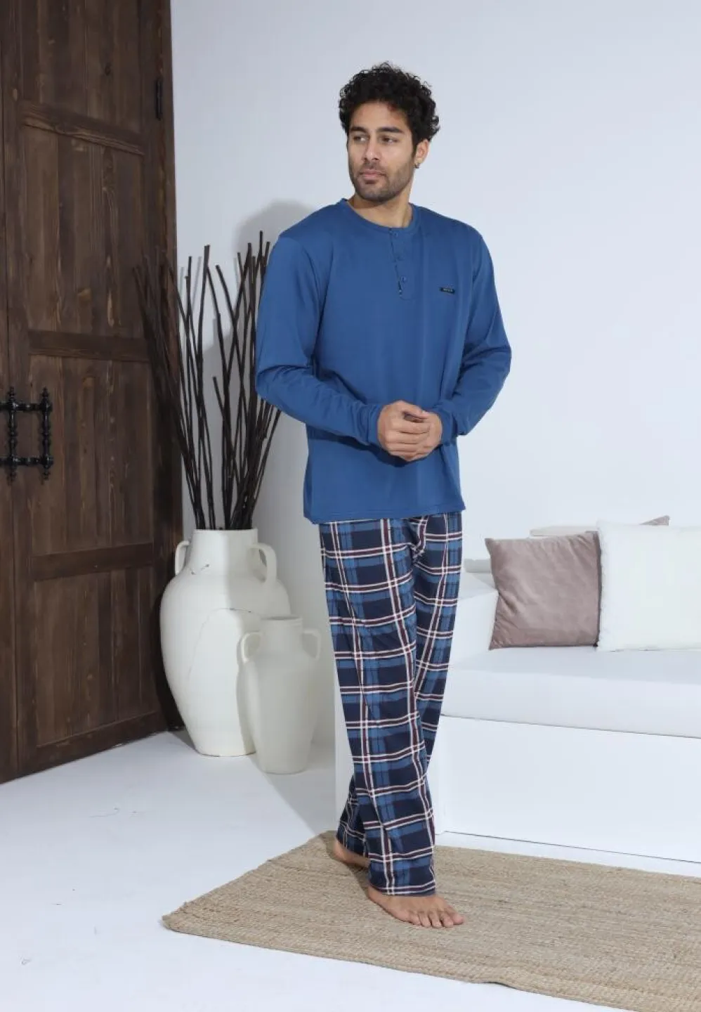 Pijama bărbați Albastru, cu pantaloni lungi cu carou și mânecă lungă, cu nasturi - 4