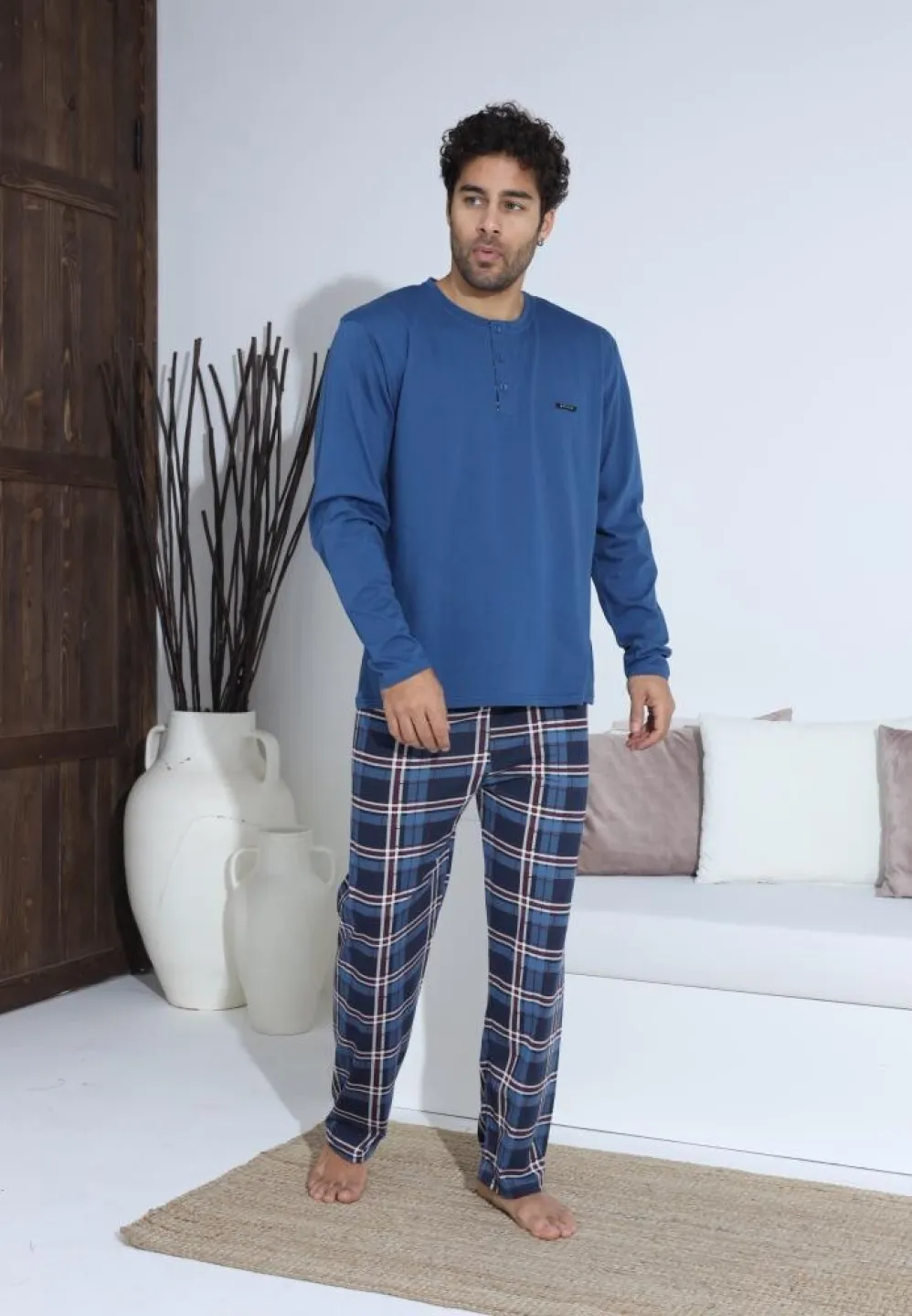 Pijama bărbați Albastru, cu pantaloni lungi cu carou și mânecă lungă, cu nasturi - 5