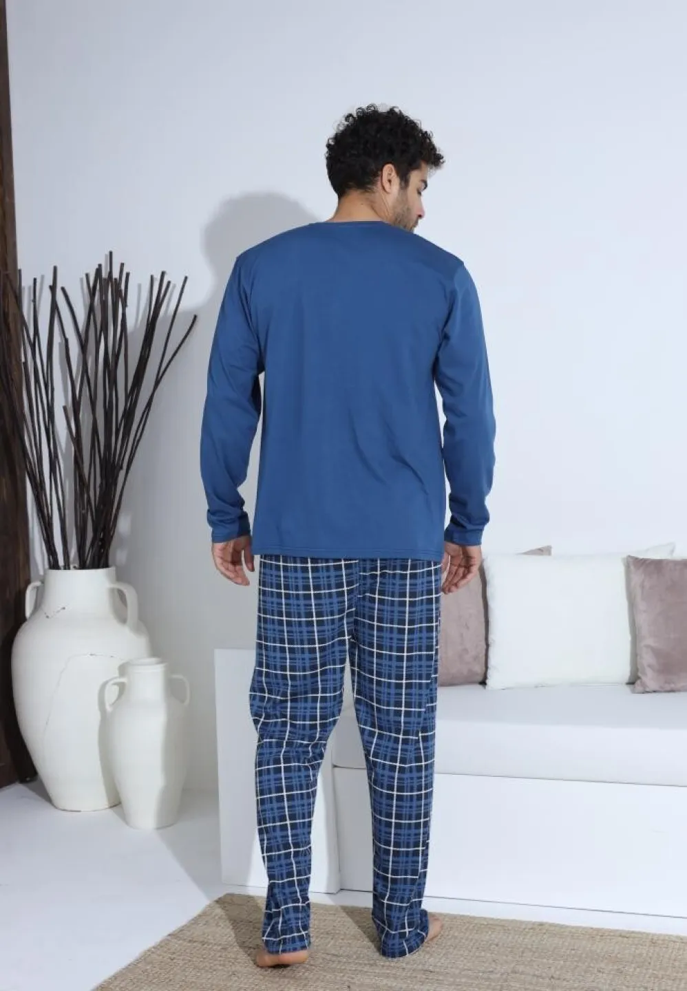 Pijama bărbați Albastru cu Alb, cu pantaloni lungi cu carou și mânecă lungă, cu nasturi - 2