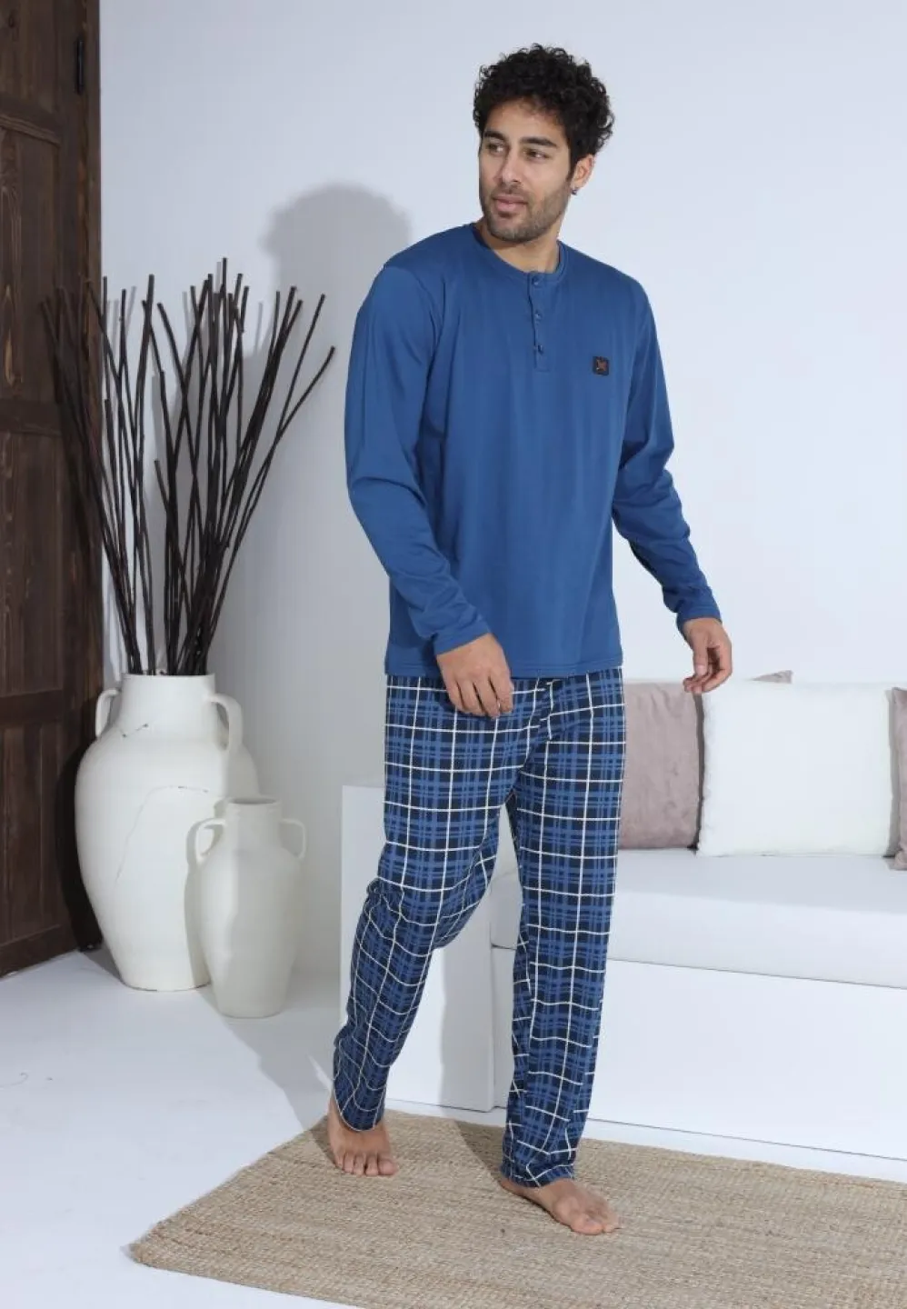 Pijama bărbați Albastru cu Alb, cu pantaloni lungi cu carou și mânecă lungă, cu nasturi - 3