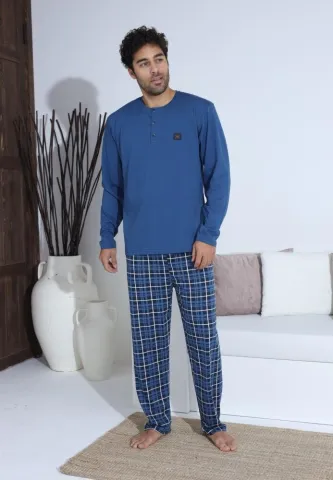 Pijama bărbați Albastru cu Alb, cu pantaloni lungi cu carou și mânecă lungă, cu nasturi