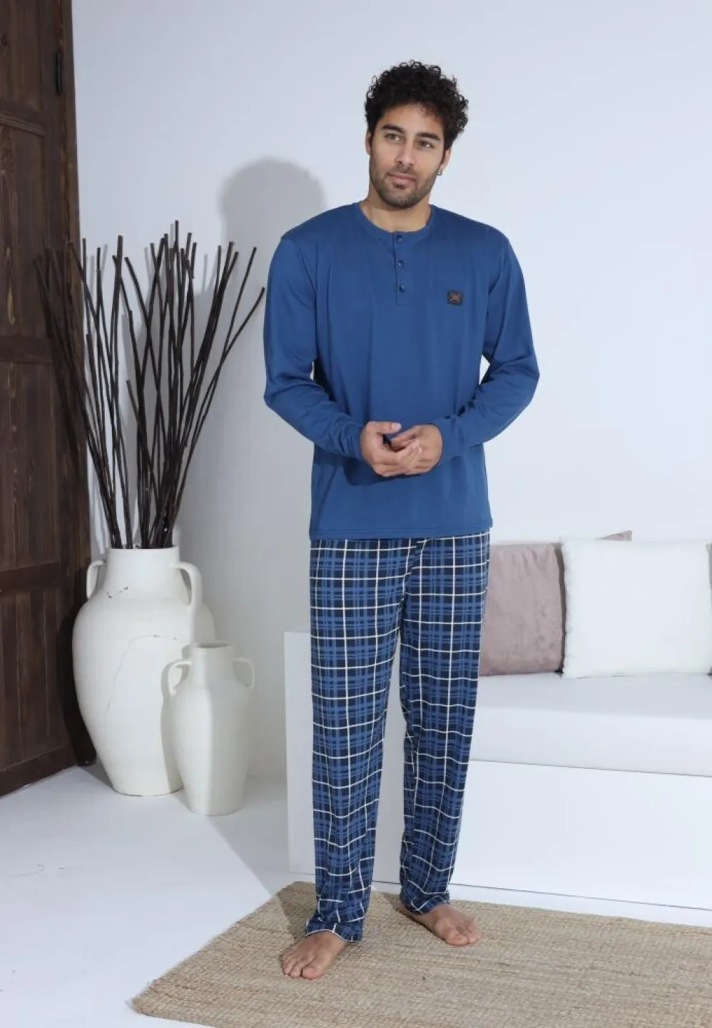 Pijama bărbați Albastru cu Alb, cu pantaloni lungi cu carou și mânecă lungă, cu nasturi - 4