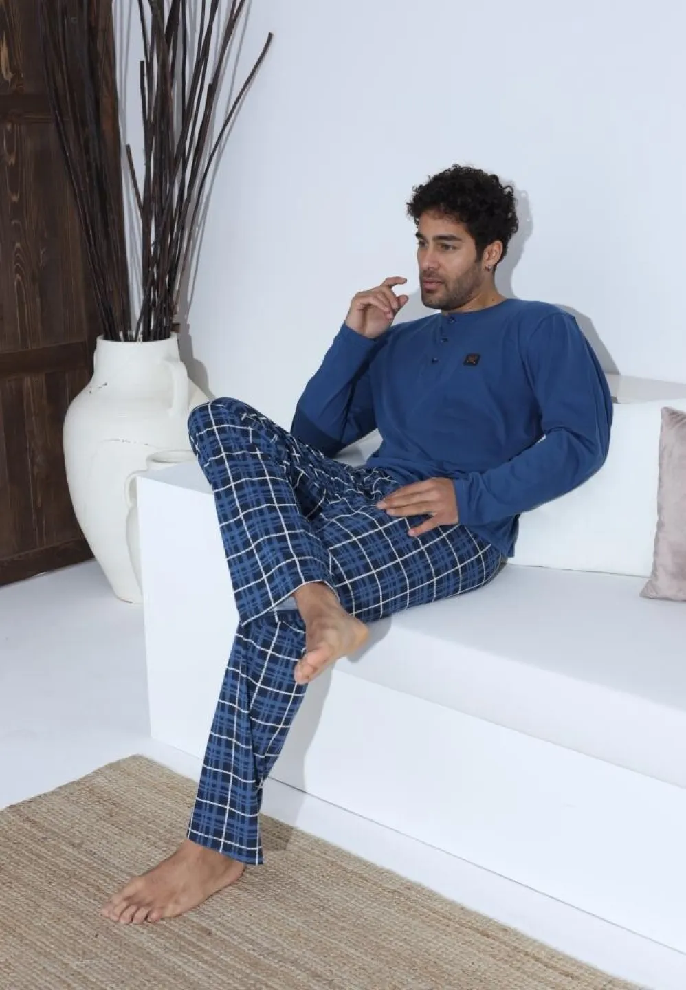Pijama bărbați Albastru cu Alb, cu pantaloni lungi cu carou și mânecă lungă, cu nasturi - 5