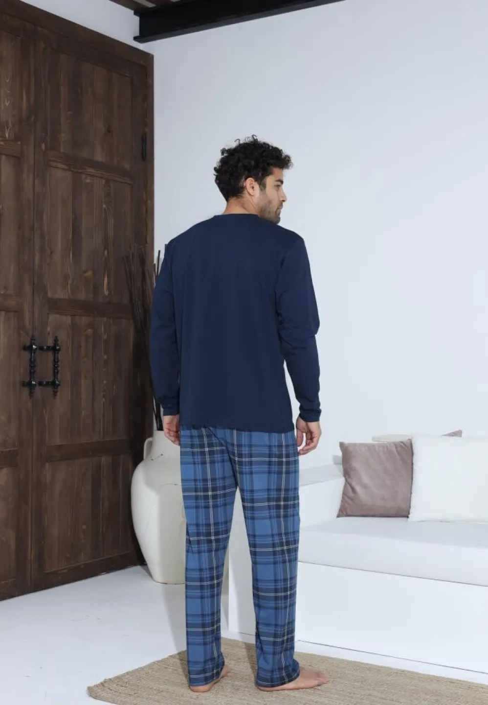 Pijama bărbați Bleumarin, cu pantaloni lungi și mânecă lungă, cu nasturi - 2