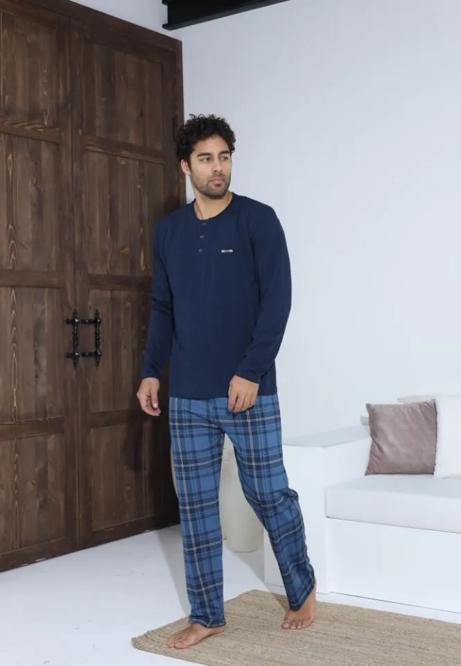 Pijama bărbați Bleumarin, cu pantaloni lungi și mânecă lungă, cu nasturi