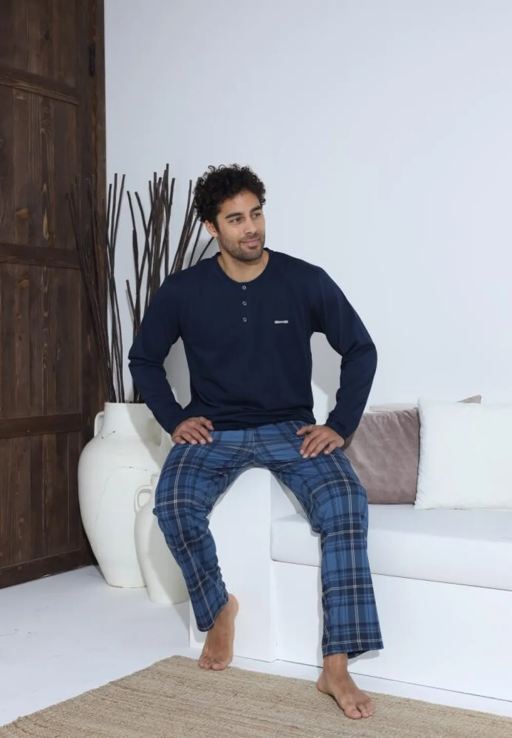 Pijama bărbați Bleumarin, cu pantaloni lungi și mânecă lungă, cu nasturi - 3
