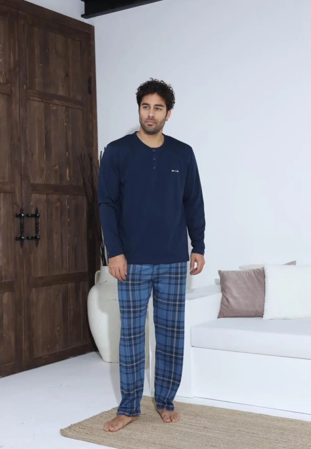 Pijama bărbați Bleumarin, cu pantaloni lungi și mânecă lungă, cu nasturi - 4
