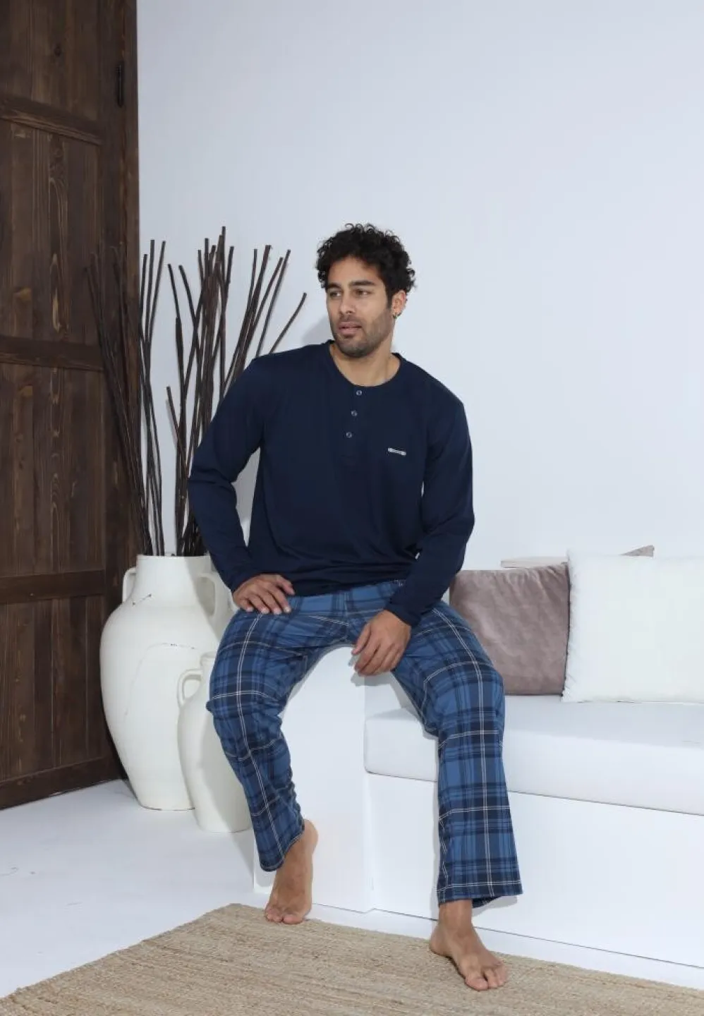 Pijama bărbați Bleumarin, cu pantaloni lungi și mânecă lungă, cu nasturi - 5