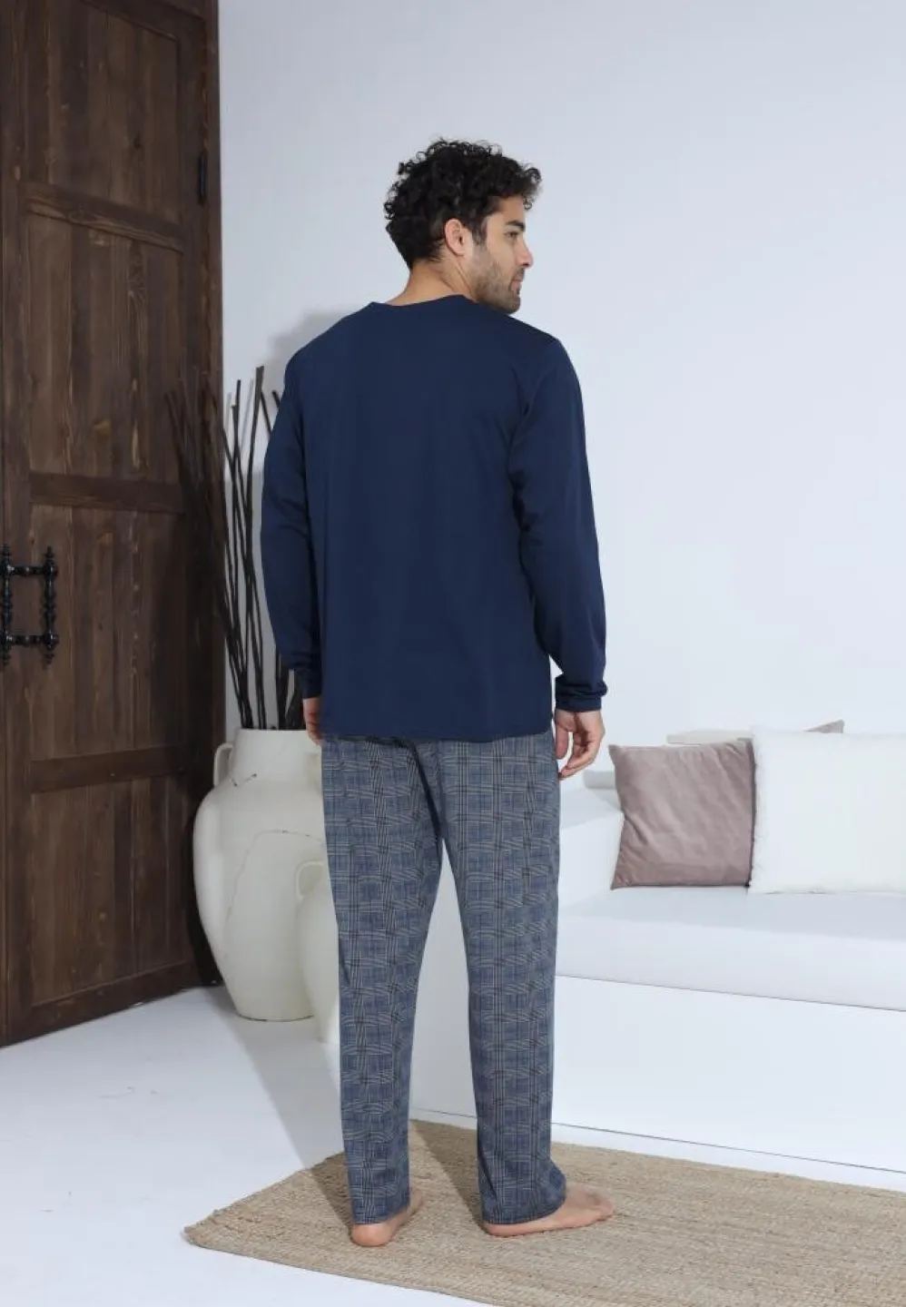 Pijama bărbați Bleumarin, cu pantaloni lungi și mânecă lungă, cu nasturi - 2