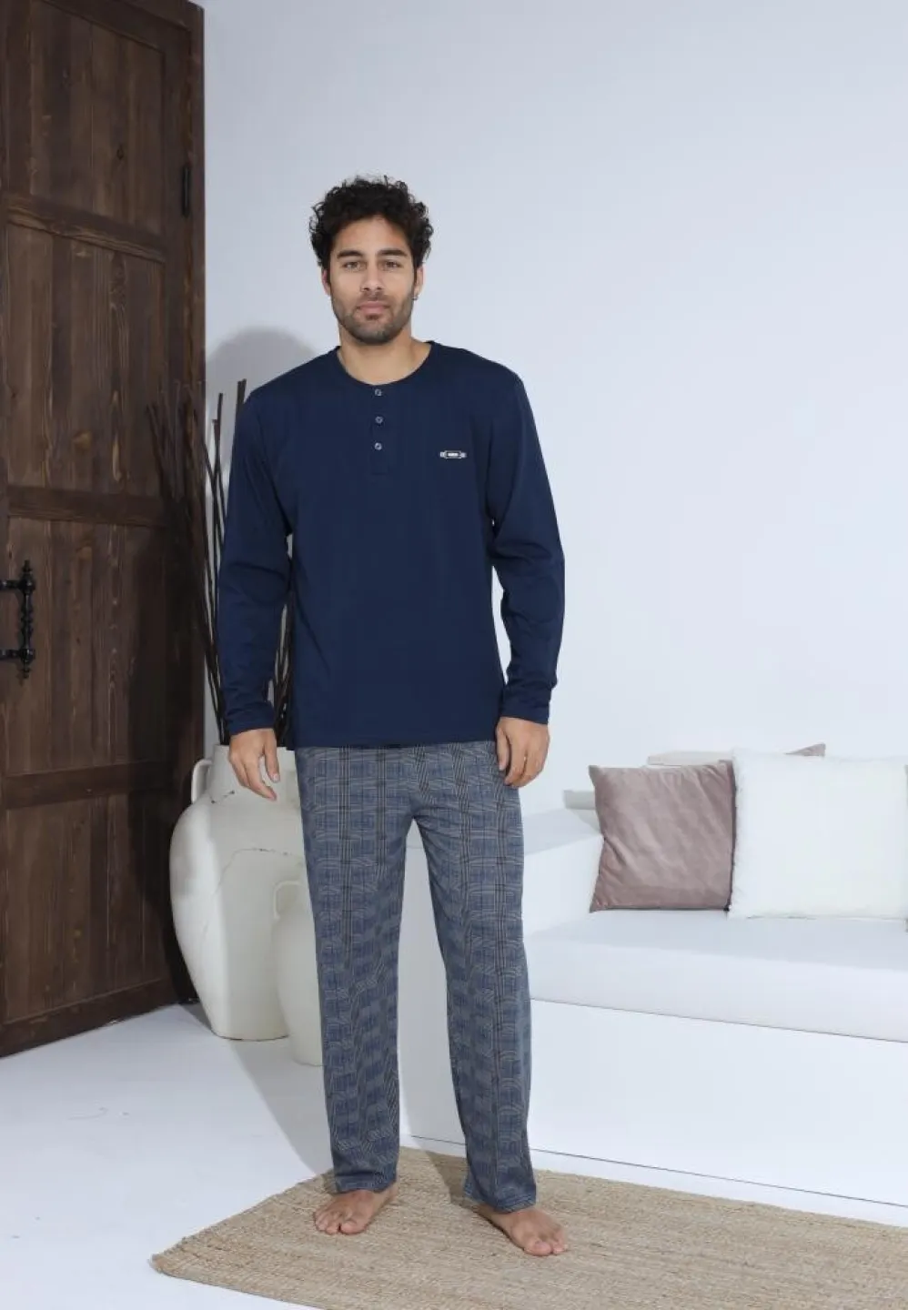 Pijama bărbați Bleumarin, cu pantaloni lungi și mânecă lungă, cu nasturi - 3