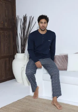 Pijama bărbați Bleumarin, cu pantaloni lungi și mânecă lungă, cu nasturi