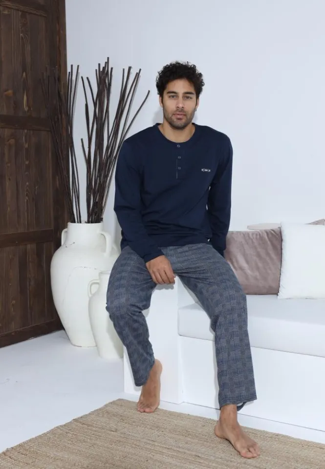 Pijama bărbați Bleumarin, cu pantaloni lungi și mânecă lungă, cu nasturi