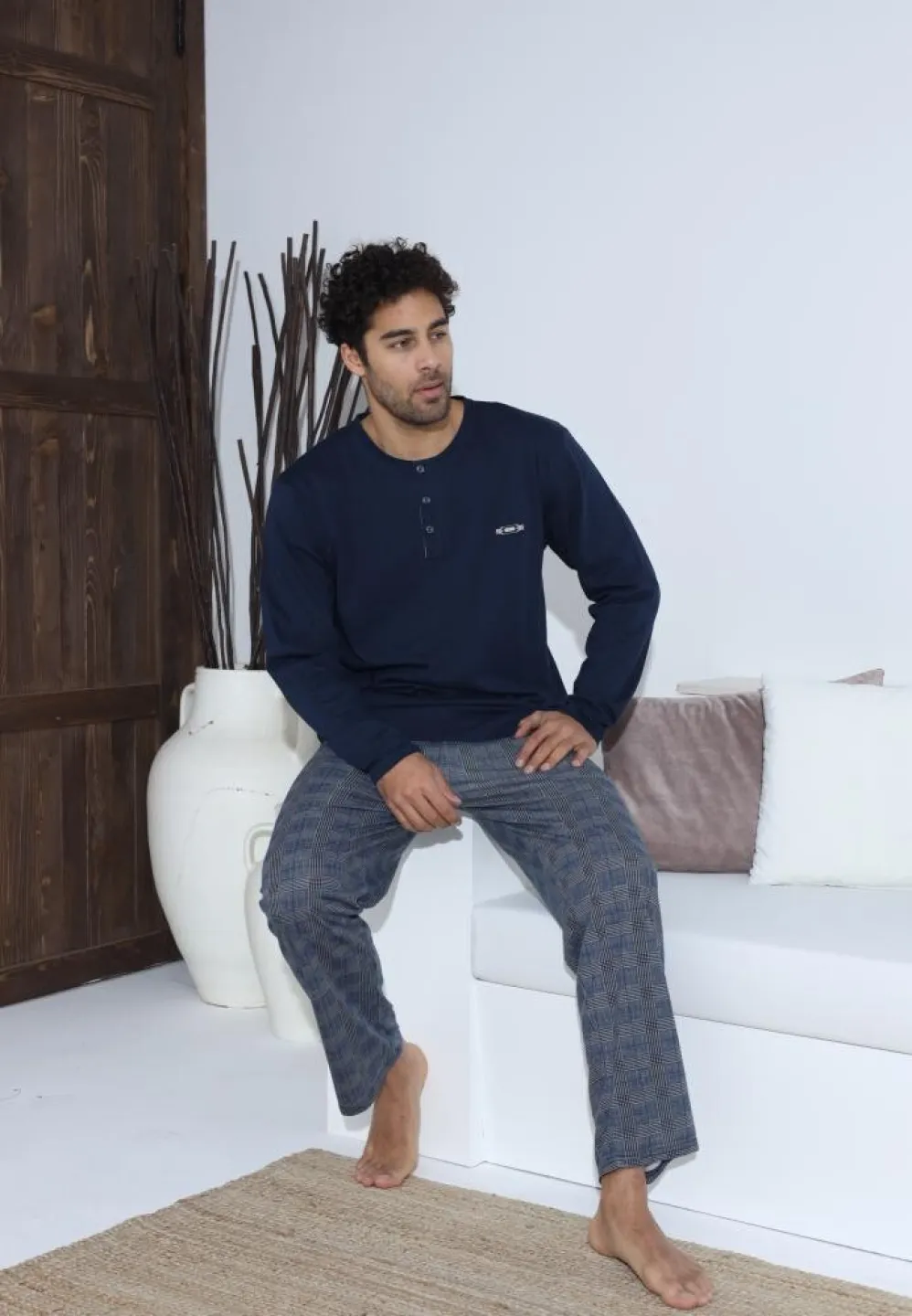 Pijama bărbați Bleumarin, cu pantaloni lungi și mânecă lungă, cu nasturi - 5
