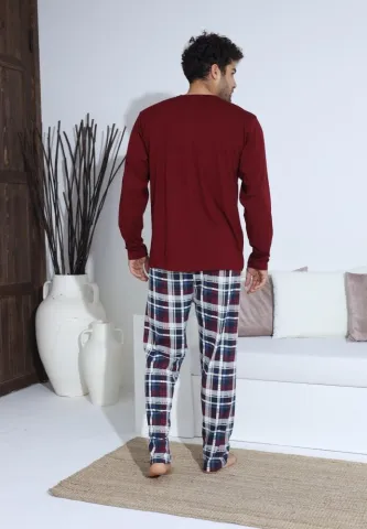 Pijama bărbați Bordo, cu pantaloni lungi și mânecă lungă, cu nasturi hover