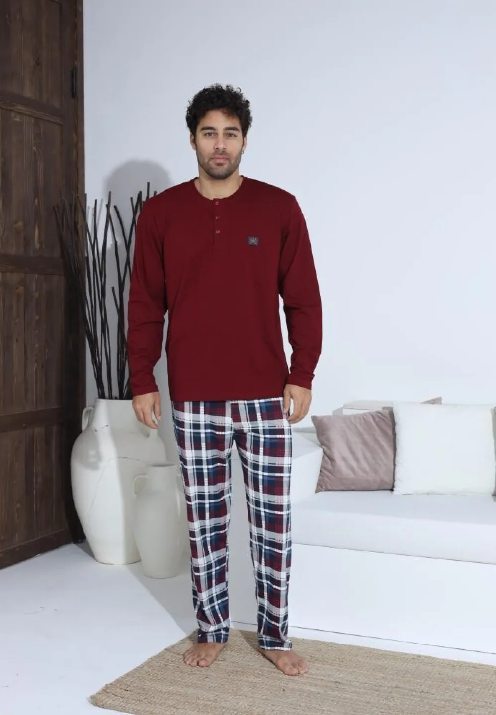 Pijama bărbați Bordo, cu pantaloni lungi și mânecă lungă, cu nasturi - 3