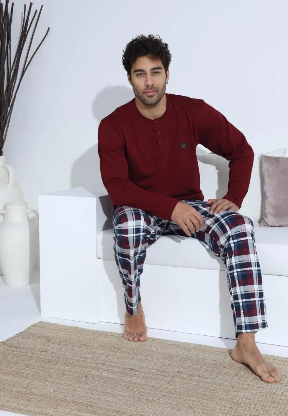 Pijama bărbați Bordo, cu pantaloni lungi și mânecă lungă, cu nasturi - 5