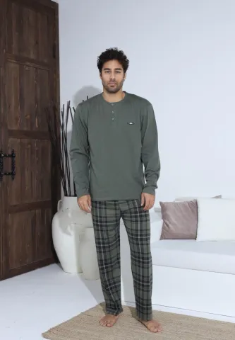 Pijama bărbați Verde, cu pantaloni lungi și mânecă lungă, cu nasturi