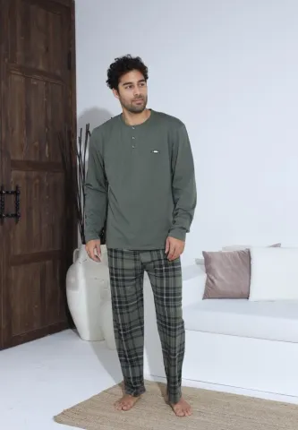 Pijama bărbați Verde, cu pantaloni lungi și mânecă lungă, cu nasturi hover