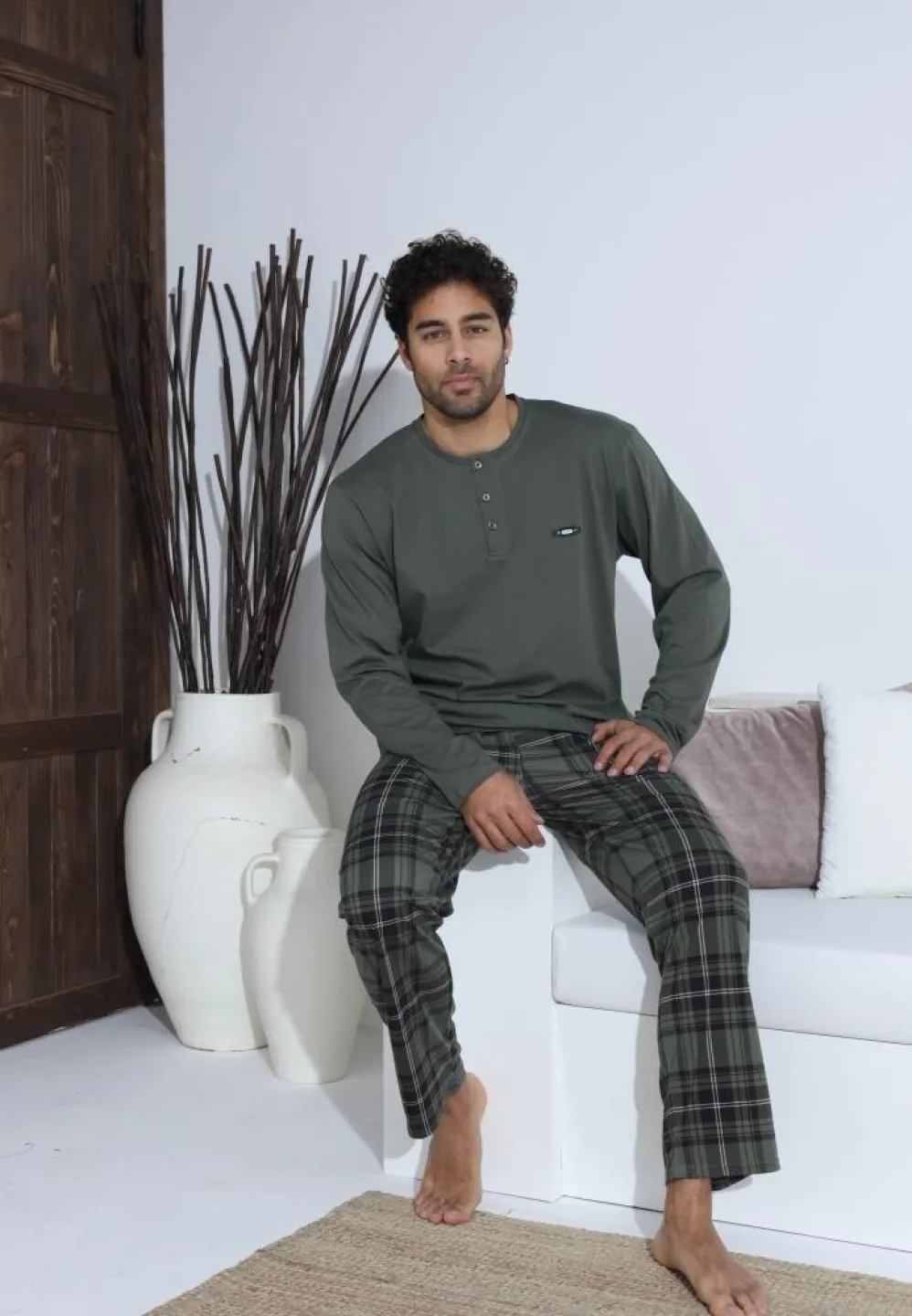 Pijama bărbați Verde, cu pantaloni lungi și mânecă lungă, cu nasturi - 4