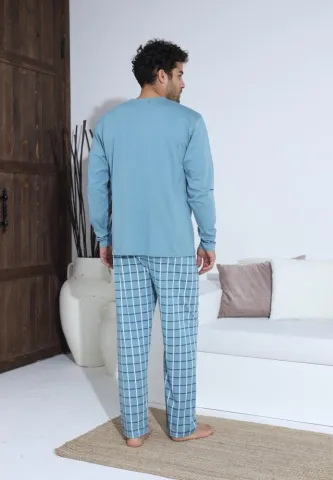 Pijama bărbați Turcoaz, cu pantaloni lungi și mânecă lungă, cu nasturi hover