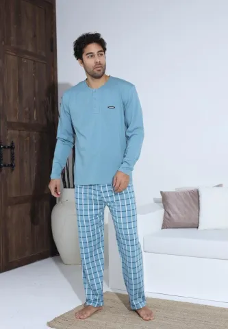 Pijama bărbați Turcoaz, cu pantaloni lungi și mânecă lungă, cu nasturi