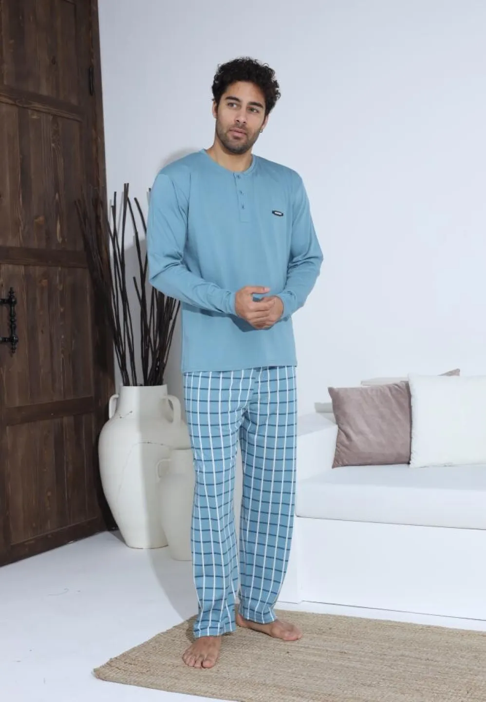 Pijama bărbați Turcoaz, cu pantaloni lungi și mânecă lungă, cu nasturi - 3