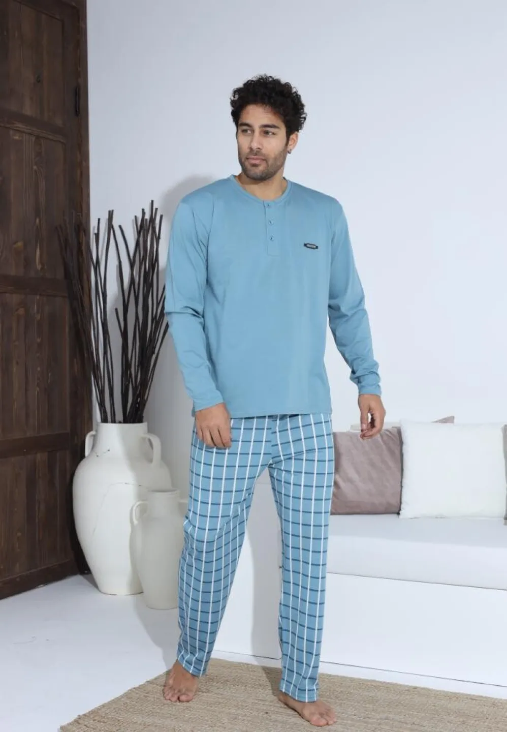 Pijama bărbați Turcoaz, cu pantaloni lungi și mânecă lungă, cu nasturi - 4