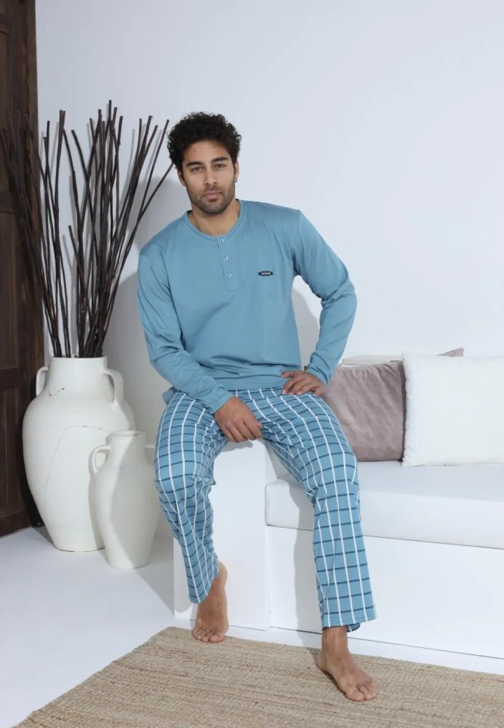 Pijama bărbați Turcoaz, cu pantaloni lungi și mânecă lungă, cu nasturi - 5