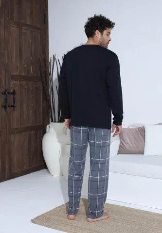 Pijama bărbați Negru, cu pantaloni lungi și mânecă lungă, cu nasturi hover