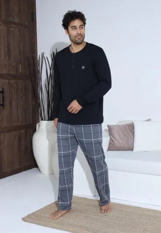 Pijama bărbați Negru, cu pantaloni lungi și mânecă lungă, cu nasturi