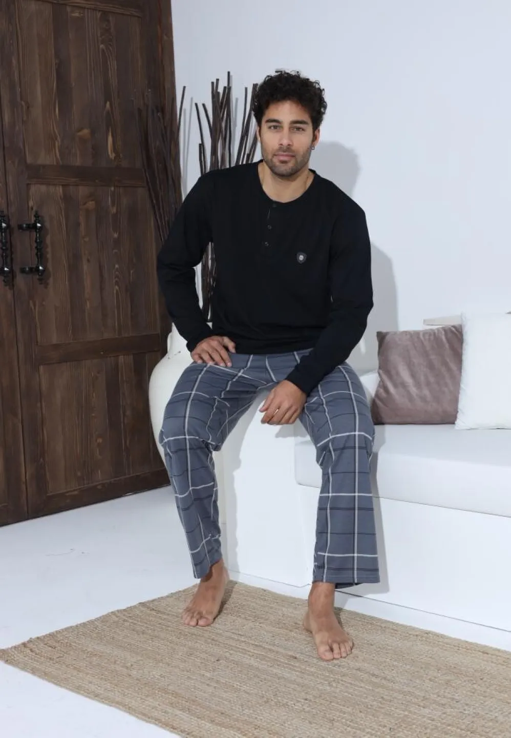 Pijama bărbați Negru, cu pantaloni lungi și mânecă lungă, cu nasturi - 5