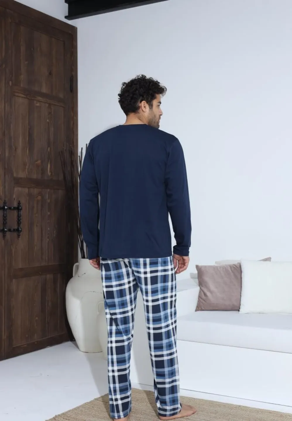 Pijama bărbați Bleumarin, cu pantaloni lungi și mânecă lungă, cu nasturi - 2