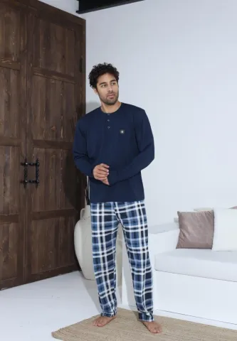 Pijama bărbați Bleumarin, cu pantaloni lungi și mânecă lungă, cu nasturi