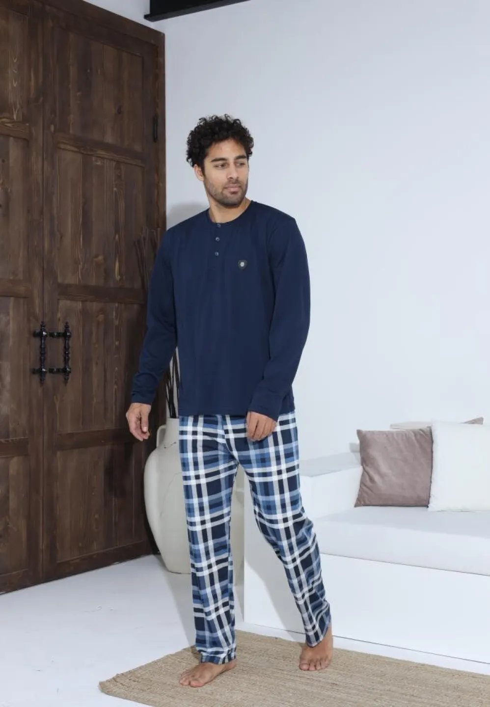 Pijama bărbați Bleumarin, cu pantaloni lungi și mânecă lungă, cu nasturi - 3