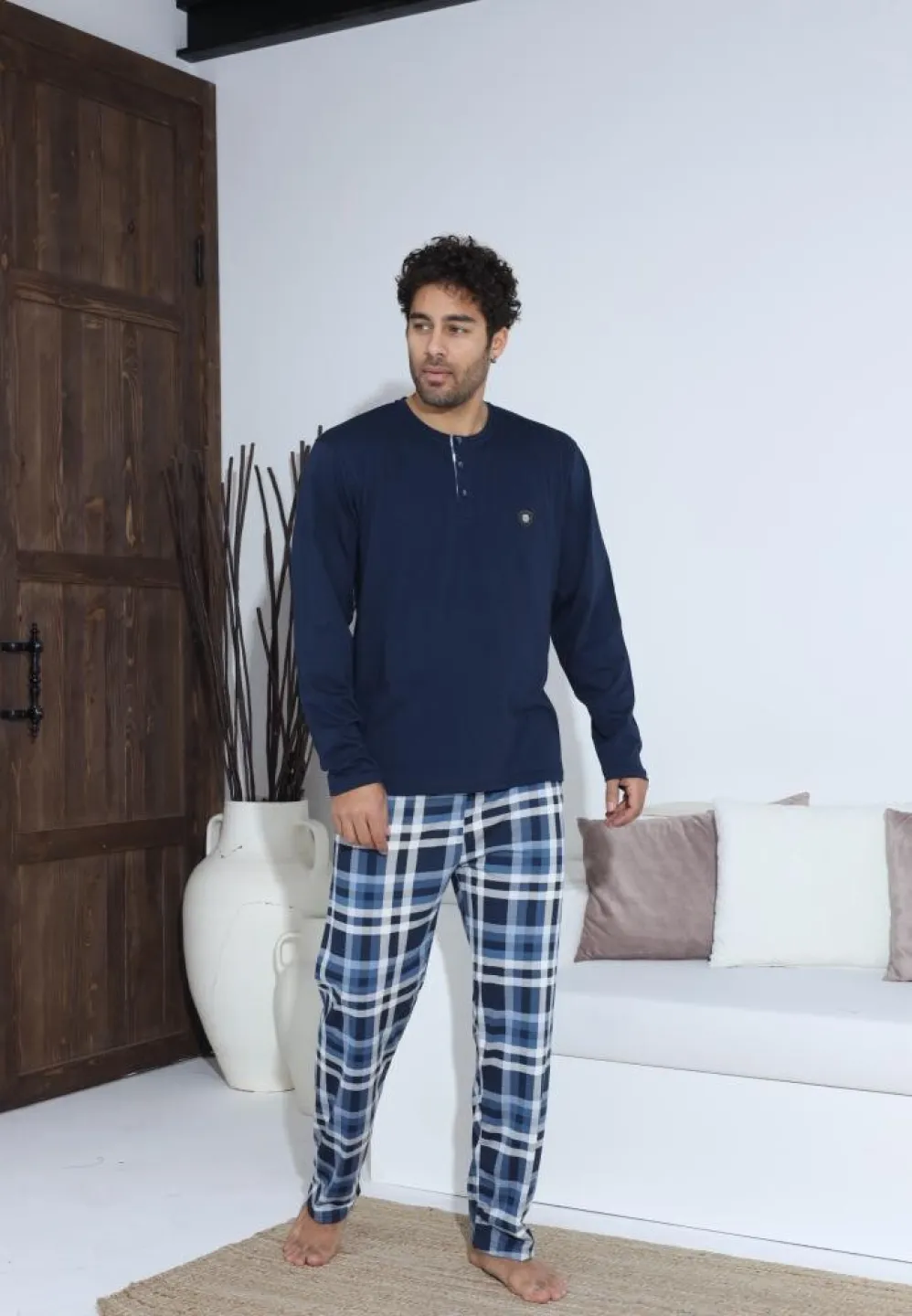 Pijama bărbați Bleumarin, cu pantaloni lungi și mânecă lungă, cu nasturi - 4