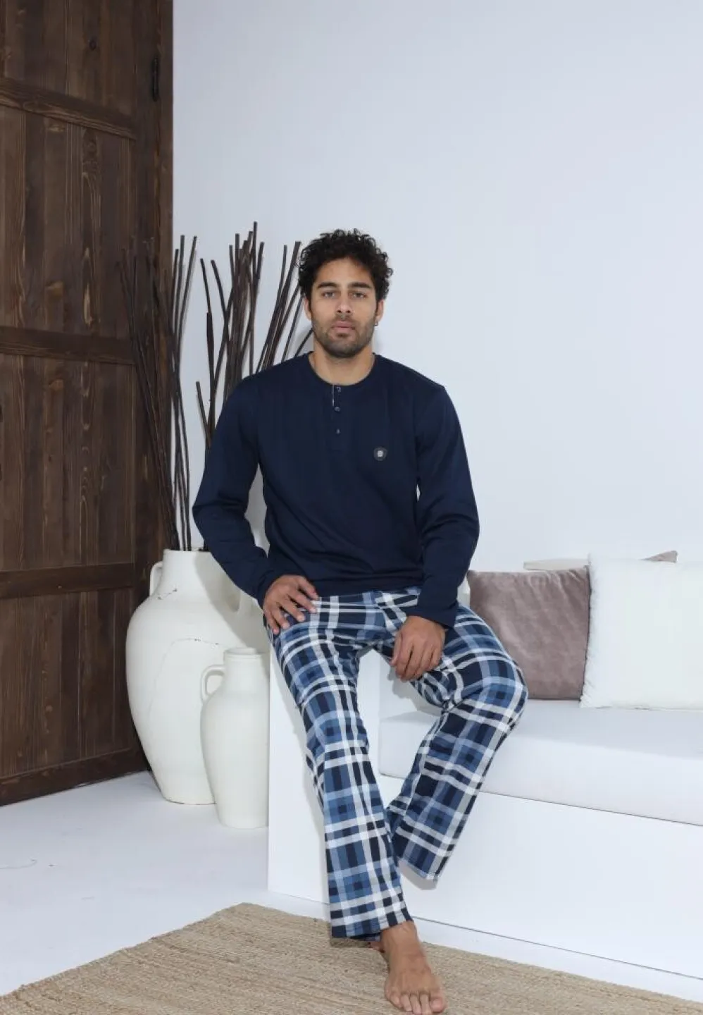 Pijama bărbați Bleumarin, cu pantaloni lungi și mânecă lungă, cu nasturi - 5