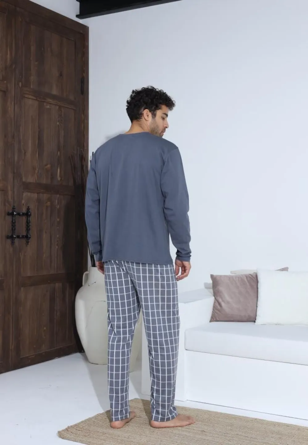 Pijama bărbați Gri, cu pantaloni lungi și mânecă lungă, cu nasturi - 2