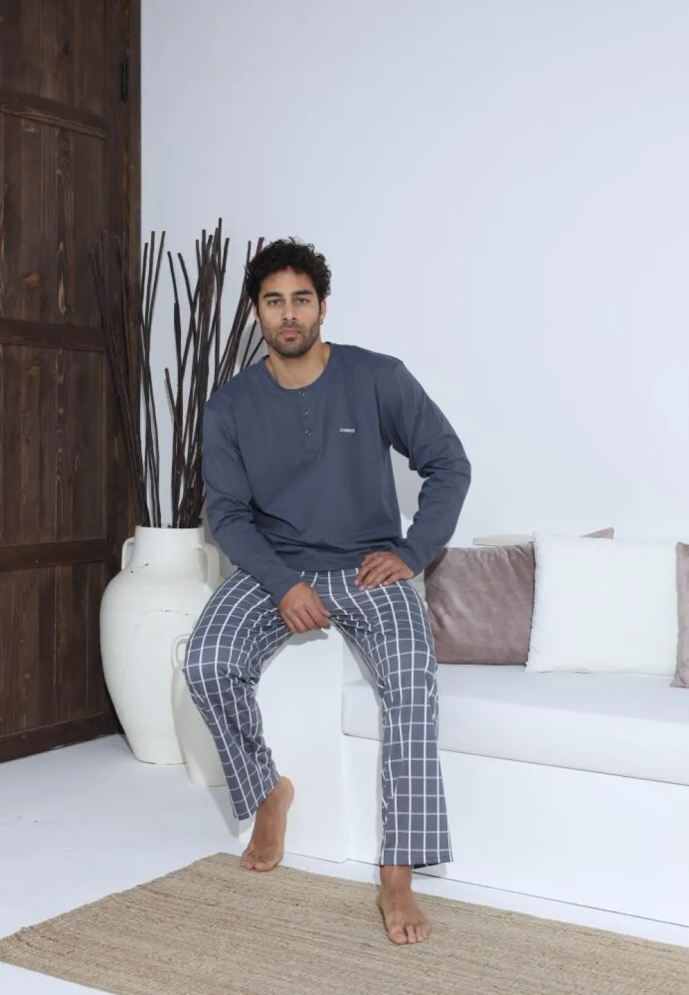 Pijama bărbați Gri, cu pantaloni lungi și mânecă lungă, cu nasturi - 3