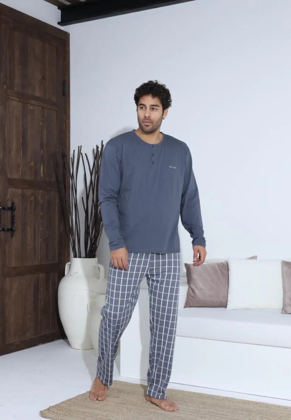 Pijama bărbați Gri, cu pantaloni lungi și mânecă lungă, cu nasturi - 4