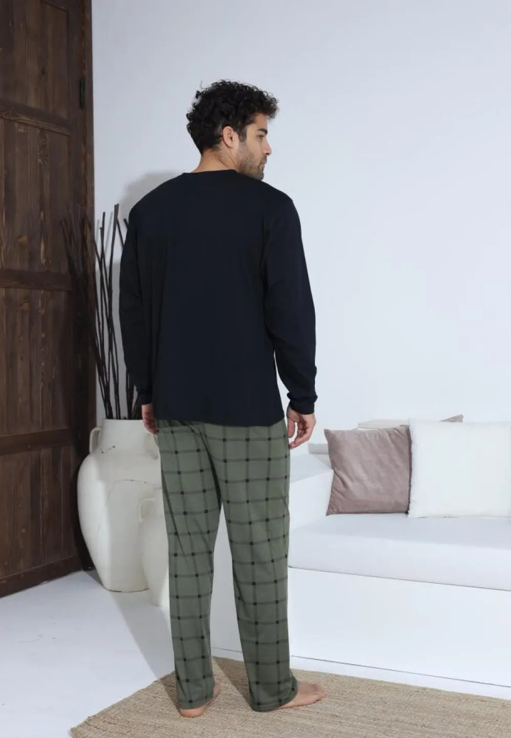 Pijama bărbați Verde cu nasturi și mânecă lungă, pantaloni lungi Negru - 2