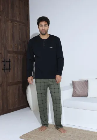 Pijama bărbați Verde cu nasturi și mânecă lungă, pantaloni lungi Negru