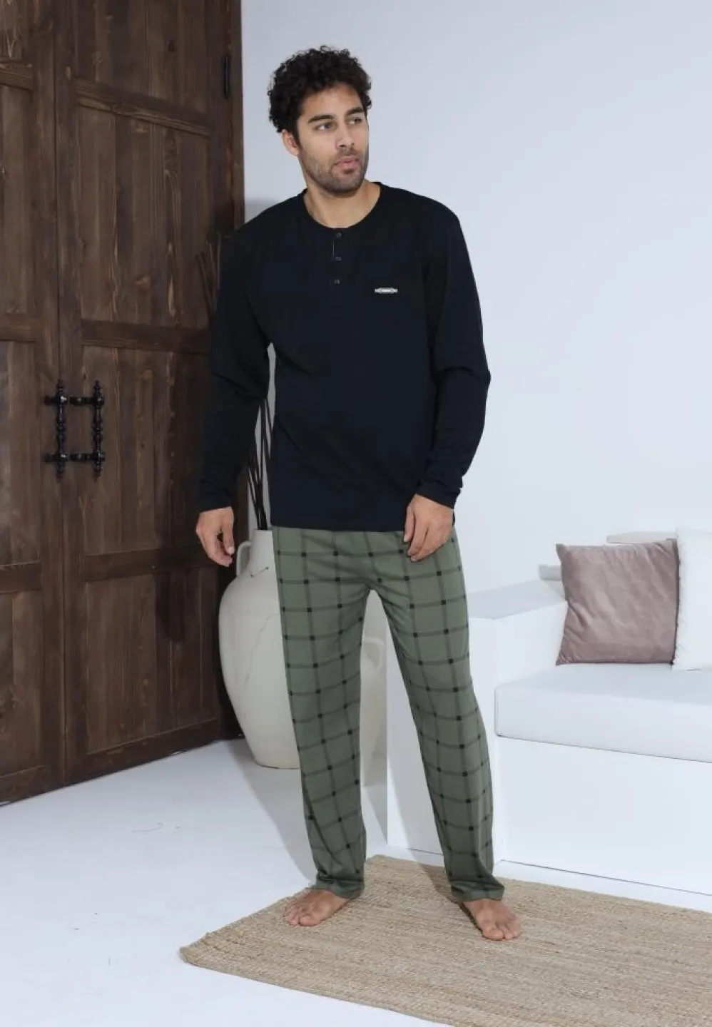 Pijama bărbați Verde cu nasturi și mânecă lungă, pantaloni lungi Negru - 4