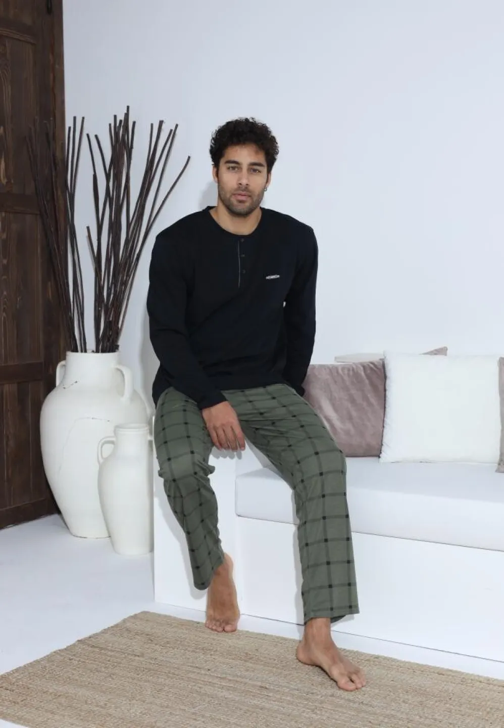 Pijama bărbați Verde cu nasturi și mânecă lungă, pantaloni lungi Negru - 5