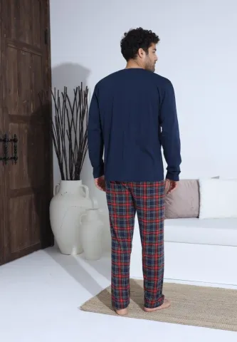 Pijama bărbați Bleumarin cu nasturi și mânecă lungă, pantaloni lungi Roșu hover