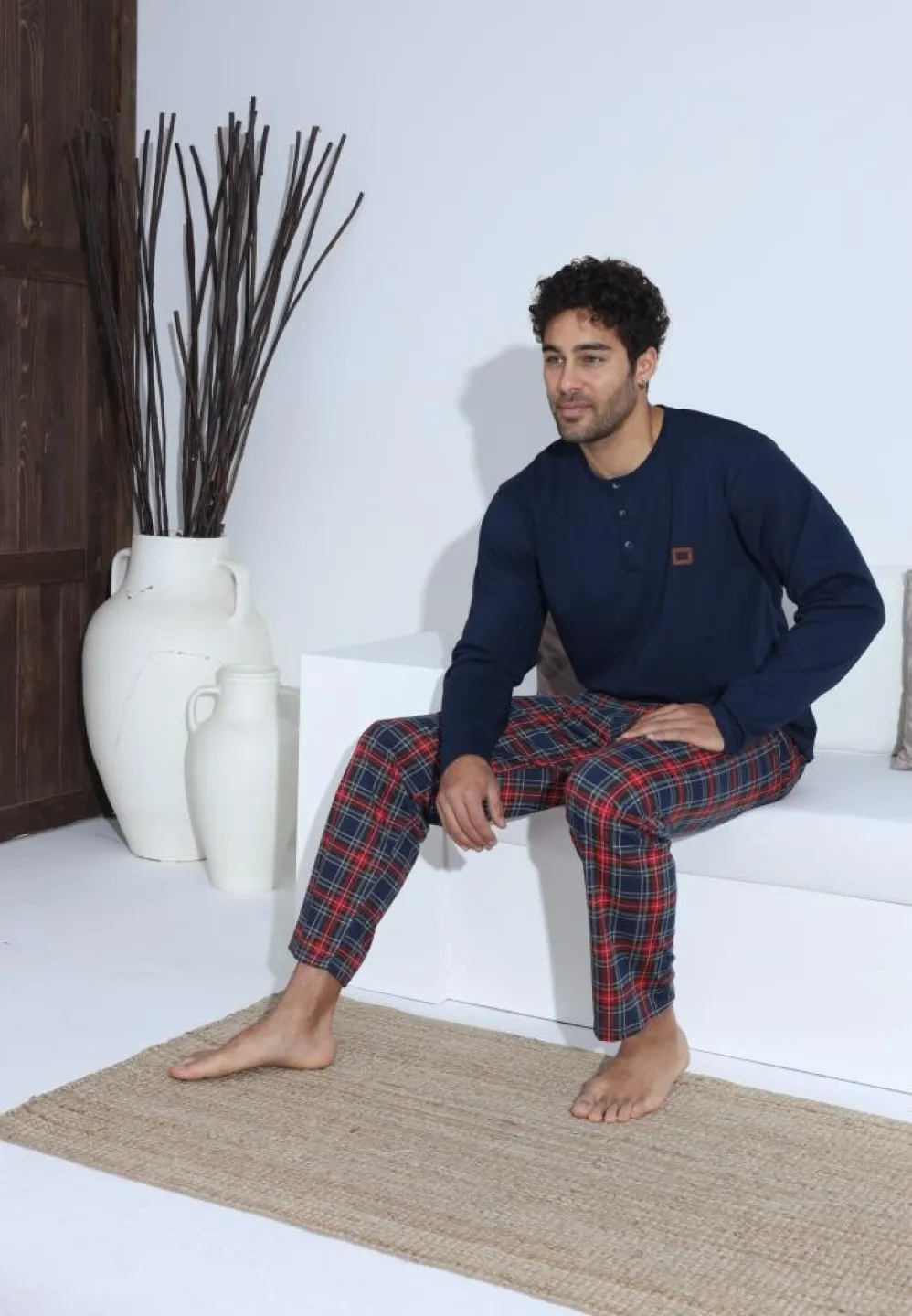 Pijama bărbați Bleumarin cu nasturi și mânecă lungă, pantaloni lungi Roșu - 3