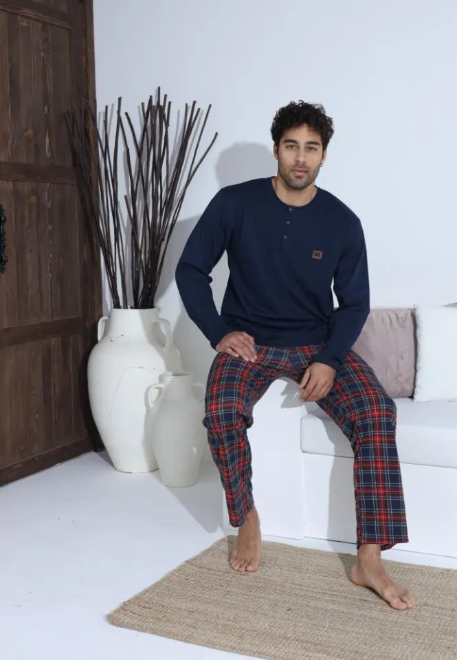 Pijama bărbați Bleumarin cu nasturi și mânecă lungă, pantaloni lungi Roșu