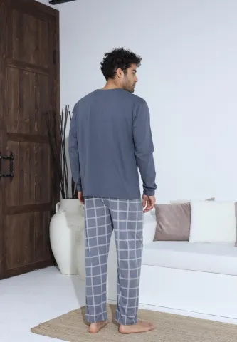 Pijama bărbați Gri cu nasturi și mânecă lungă, pantaloni lungi cu carou hover