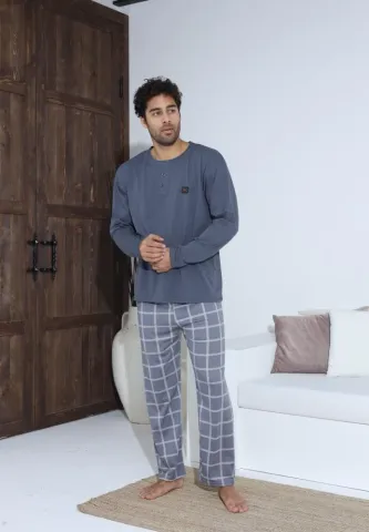 Pijama bărbați Gri cu nasturi și mânecă lungă, pantaloni lungi cu carou