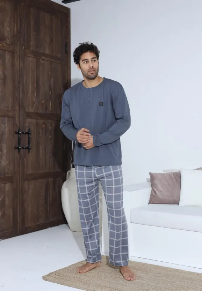 Pijama bărbați Gri cu nasturi și mânecă lungă, pantaloni lungi cu carou