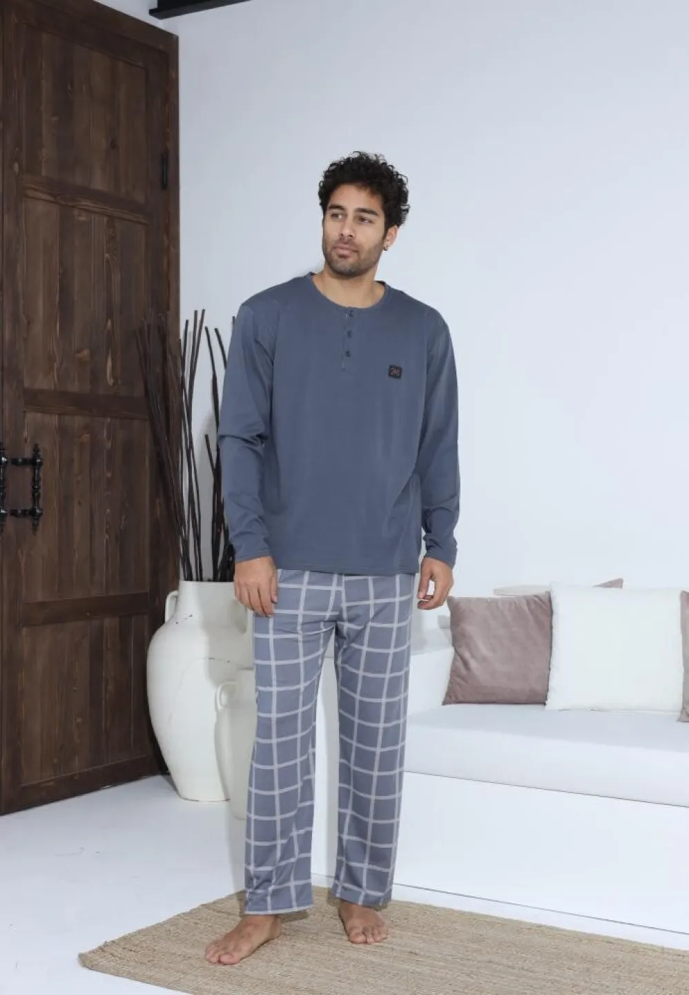 Pijama bărbați Gri cu nasturi și mânecă lungă, pantaloni lungi cu carou - 3